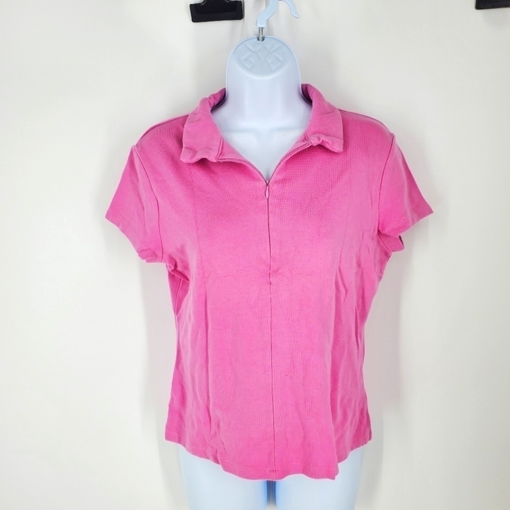 New York & Company Stretch Zip Up Short Sleeve Women Polo Shirt Size Large Pink